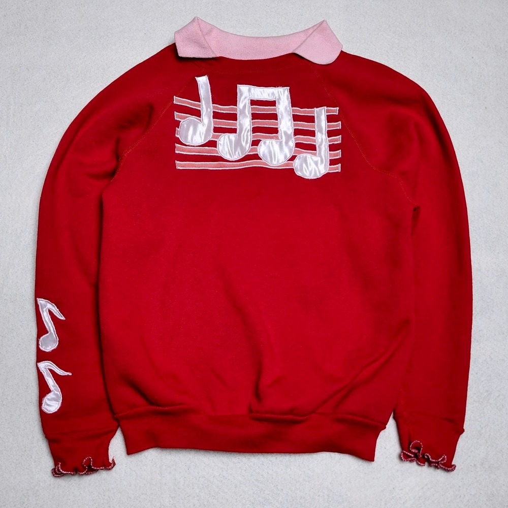 80s Music Notes Collared Sweatshirt Ruffle Cuff Red Boxy Size S/M Vintage
